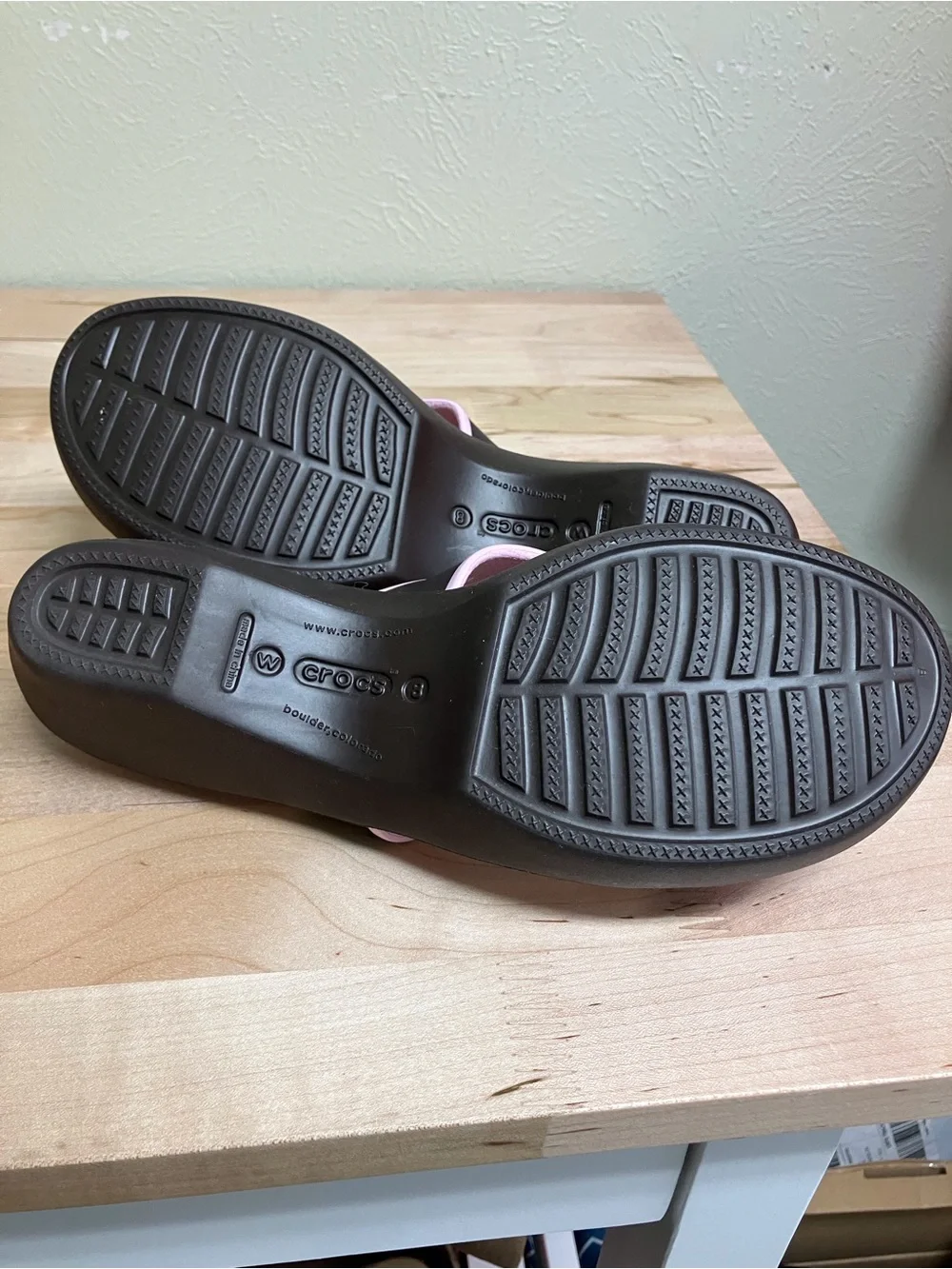 CROCS Two-Strap Slide Sandals in Light Pink and Dark Brown